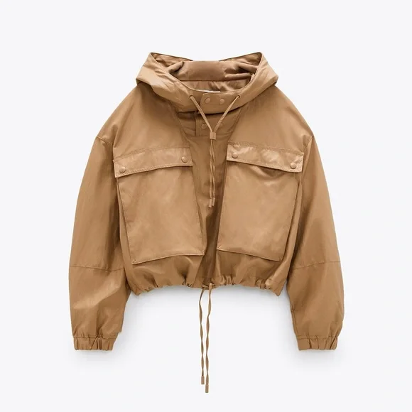 ZARA Limited Edition Faux Leather Jacket Outerwear Size M-L Caramel Tan Khaki - Picture 2 of 14